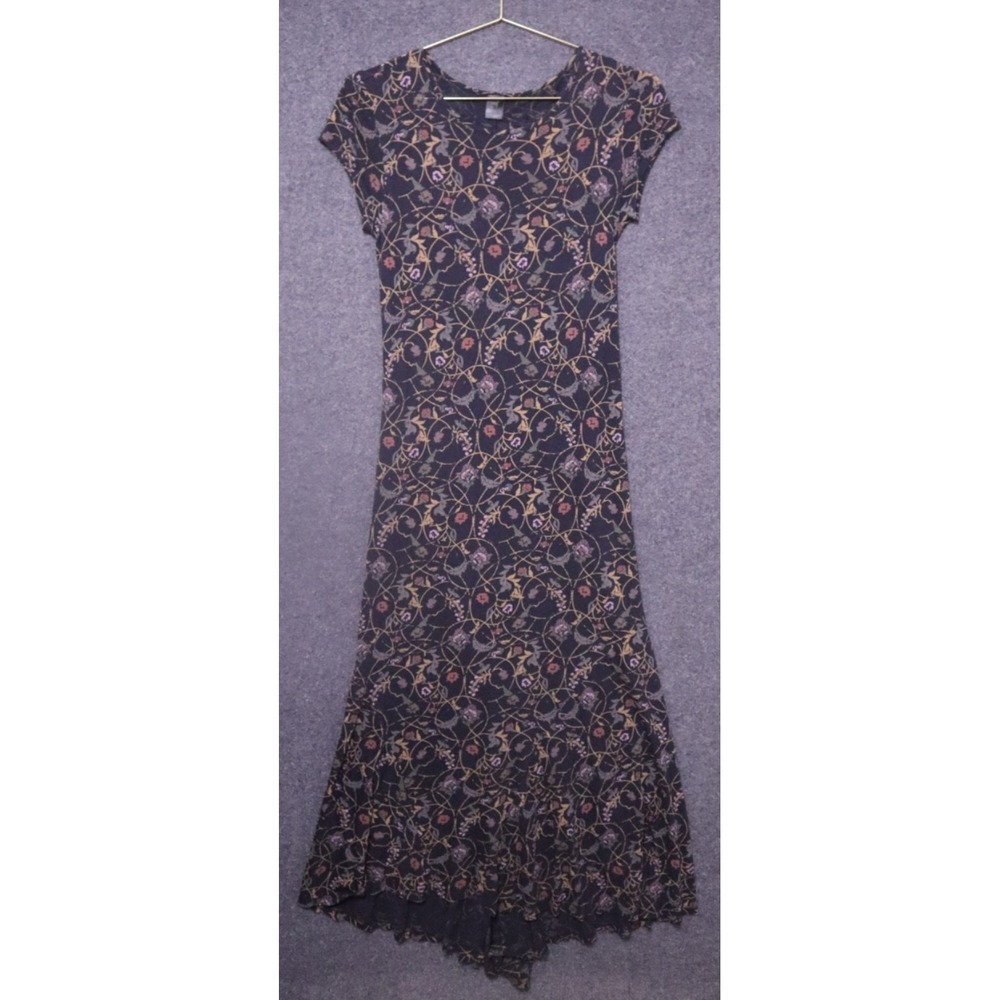 Peruvian Connection Dress Women S Black Multi Floral Print Cap Sleeve Maxi EUC‎